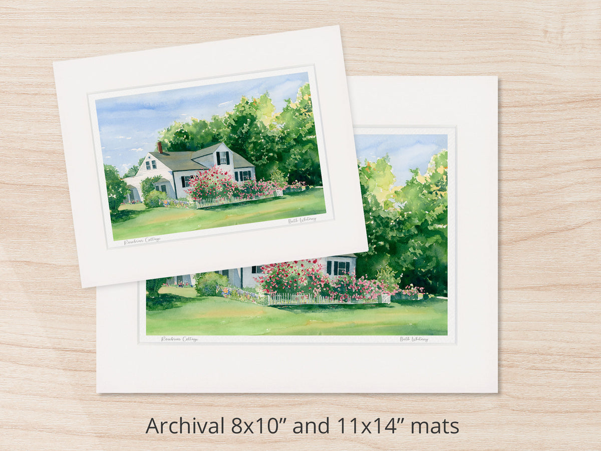 Archival watercolor prints of Rosebriar Cottage, a white cottage and pink rose garden in Blue Hill, Maine, shown in 8x10 and 11x14 mat sizes.