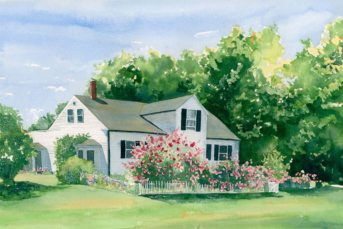 Original watercolor painting of Rosebriar Cottage, a white New England cottage with a pink rose garden and white picket fence in Blue Hill, Maine, by Beth Whitney.