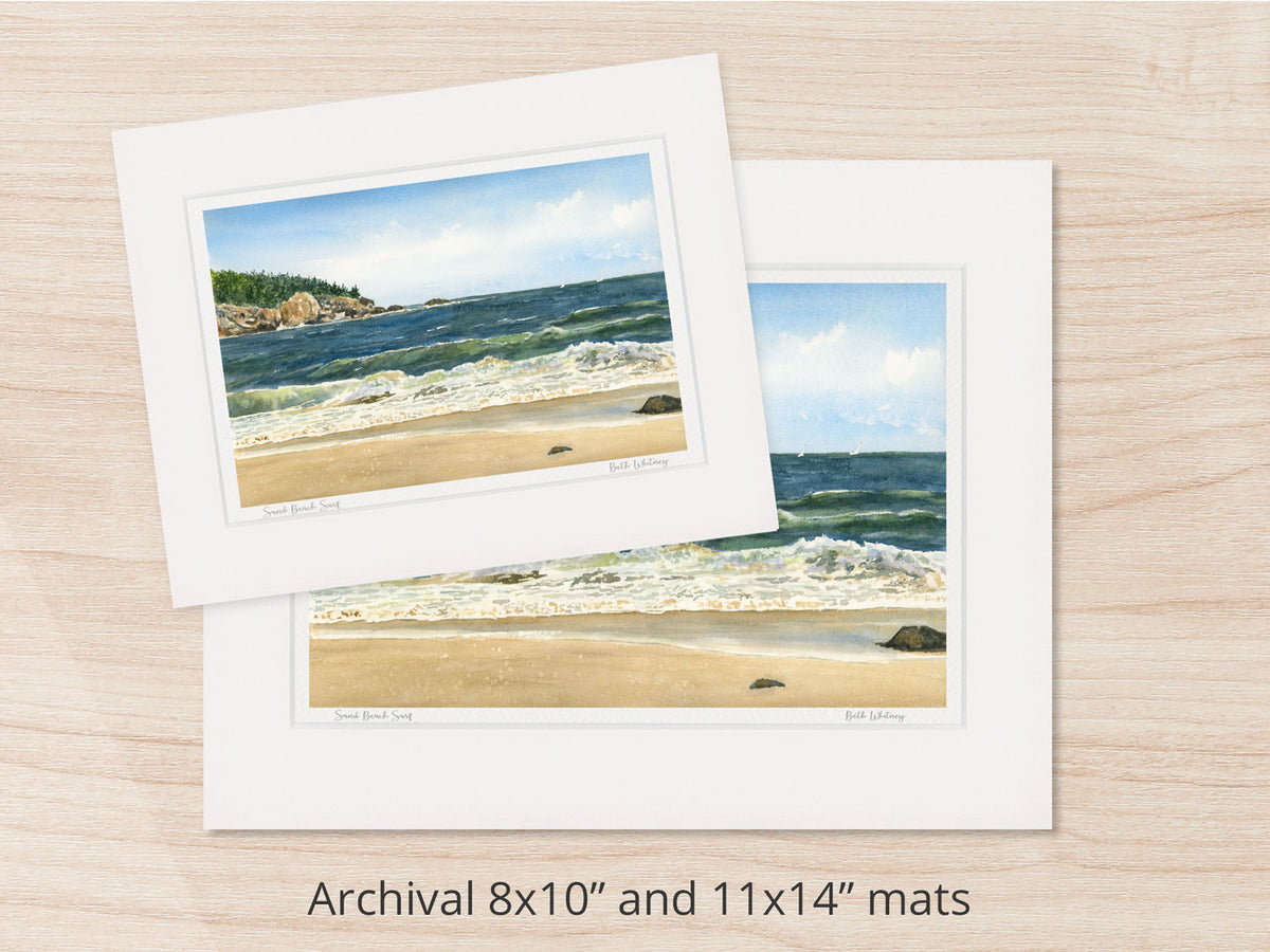 Archival watercolor prints of Sand Beach Surf, Sand Beach, Acadia National Park, Maine, shown in 8x10 and 11x14 mat sizes.