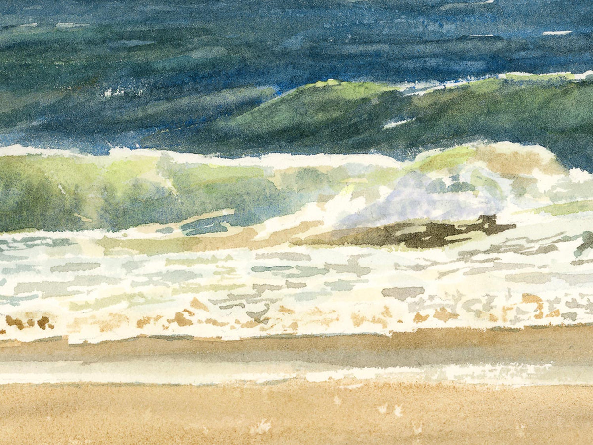 Close-up detail of original watercolor painting of Sand Beach Surf, showing blue and green waves stirring the golden sand at Sand Beach.