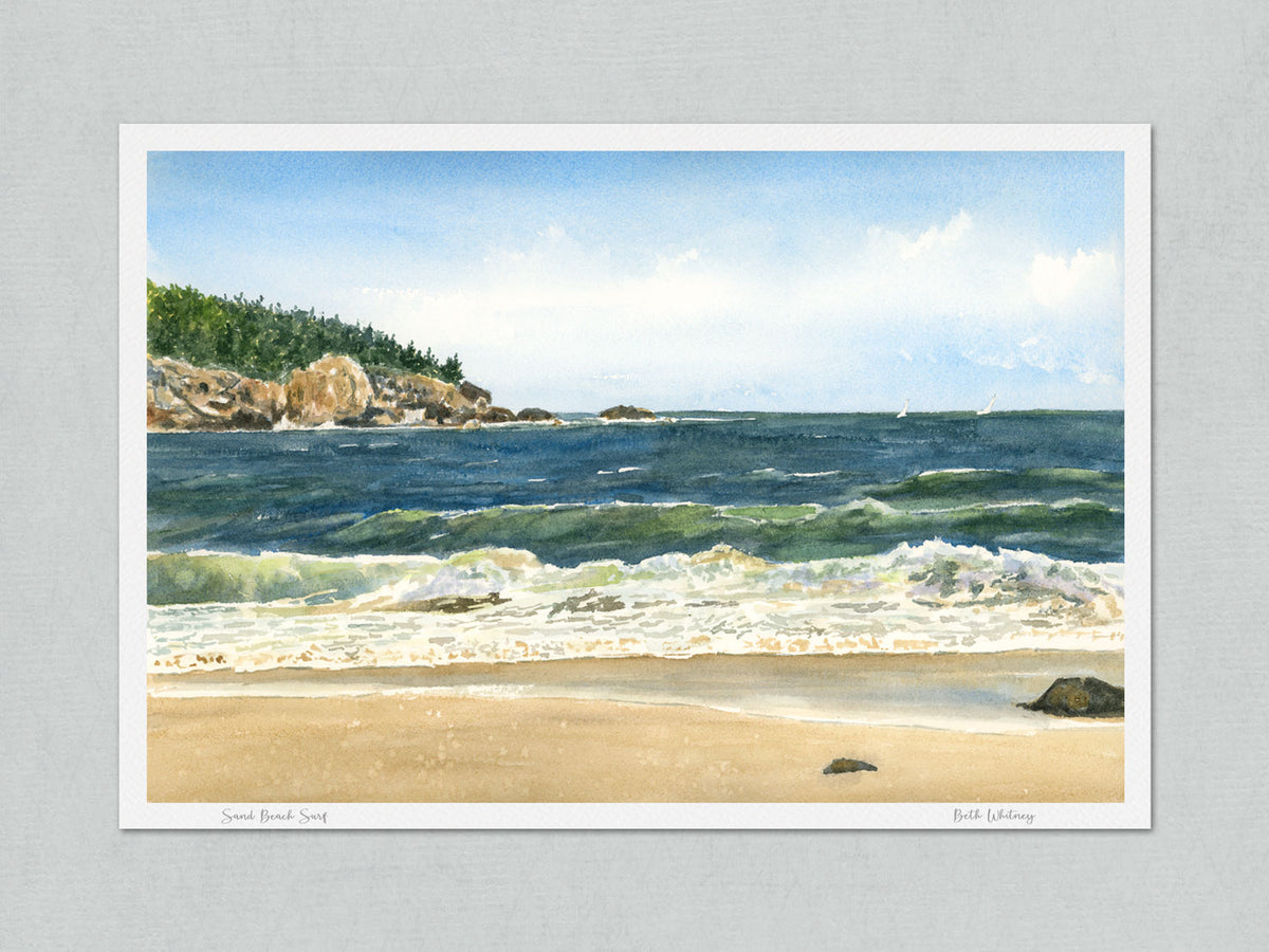 Unmatted archival watercolor print of Sand Beach Surf, Acadia National Park, Maine, with artist's signature and painting title, on gray background.