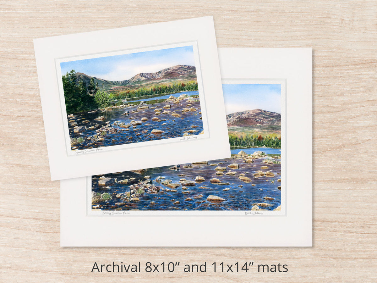 Archival watercolor prints of Sandy Stream Pond, Baxter State Park, Maine, shown in 8x10 and 11x14 mat sizes.