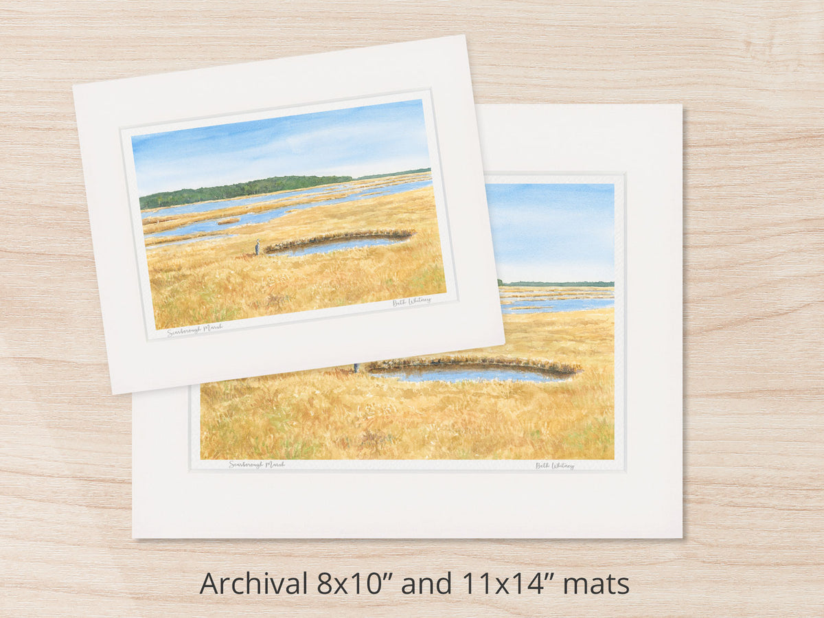 Archival watercolor prints of Scarborough Marsh, Scarborough, Maine, shown in 8x10 and 11x14 mat sizes.
