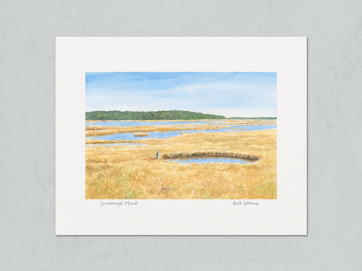 Unmatted archival watercolor print of Scarborough Marsh, Scarborough, Maine, with artist's signature and painting title, on gray background.