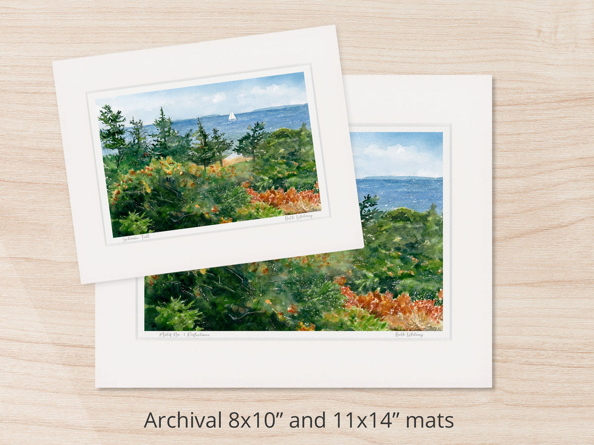 Archival watercolor prints of Schoodic Fall, Schoodic Point, Acadia National Park, Maine, shown in 8x10 and 11x14 mat sizes