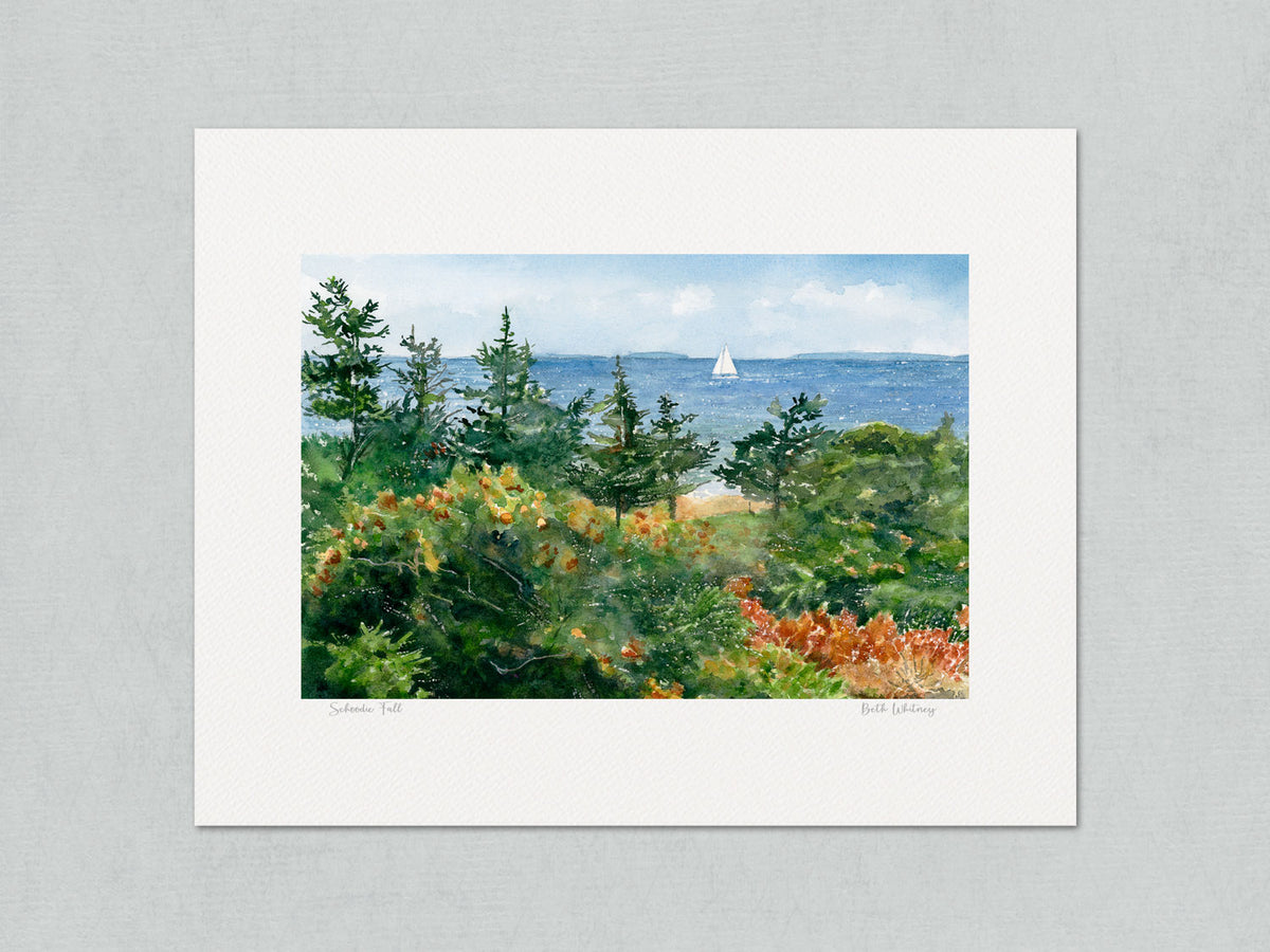 Unmatted archival watercolor print of Schoodic Fall, Schoodic Point, Acadia National Park, Maine, with handwritten artist's signature and painting title, on gray background.