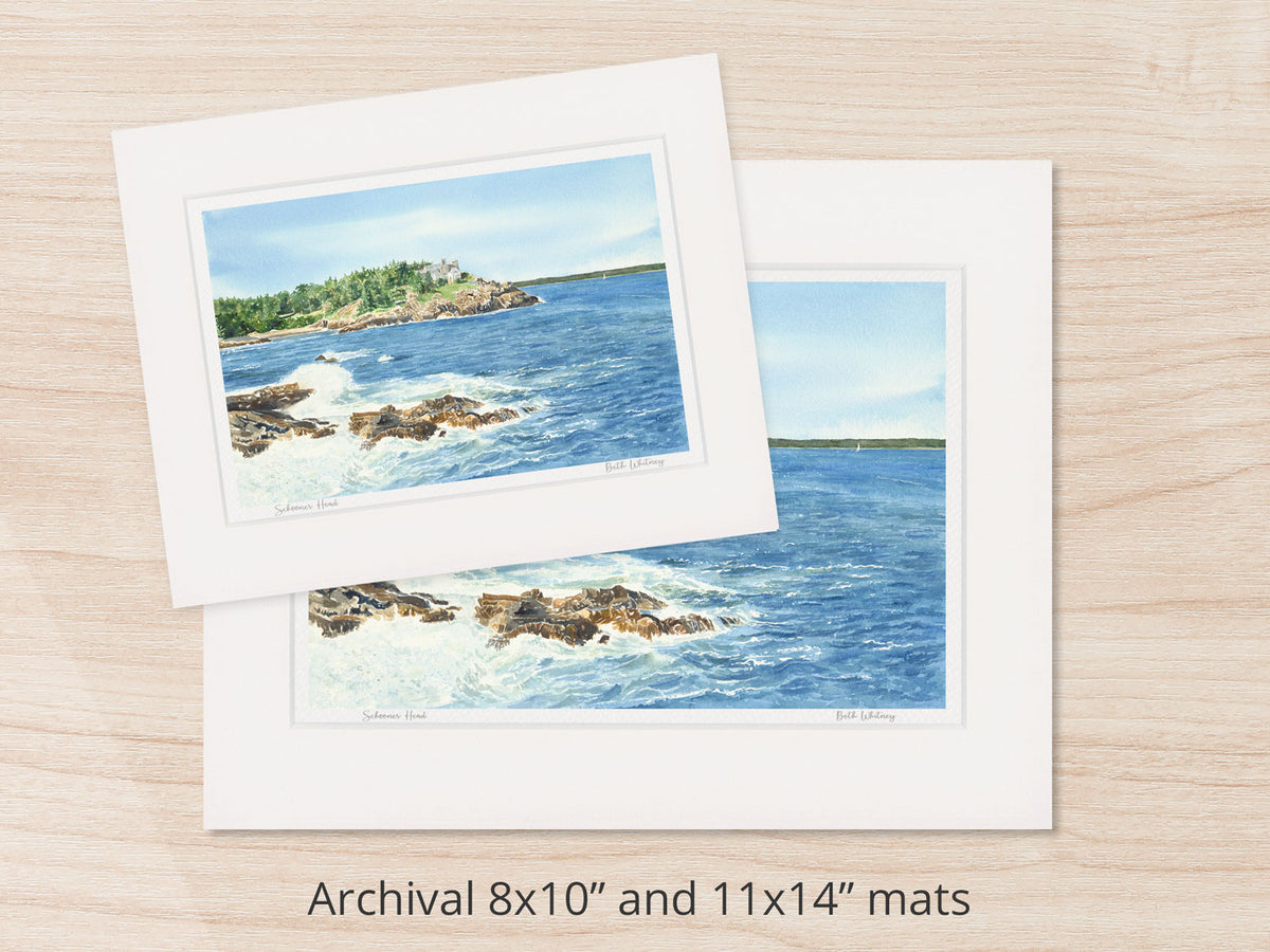 Archival watercolor prints of Schooner Head, Acadia National Park, Maine, shown in 8x10 and 11x14 mat sizes.