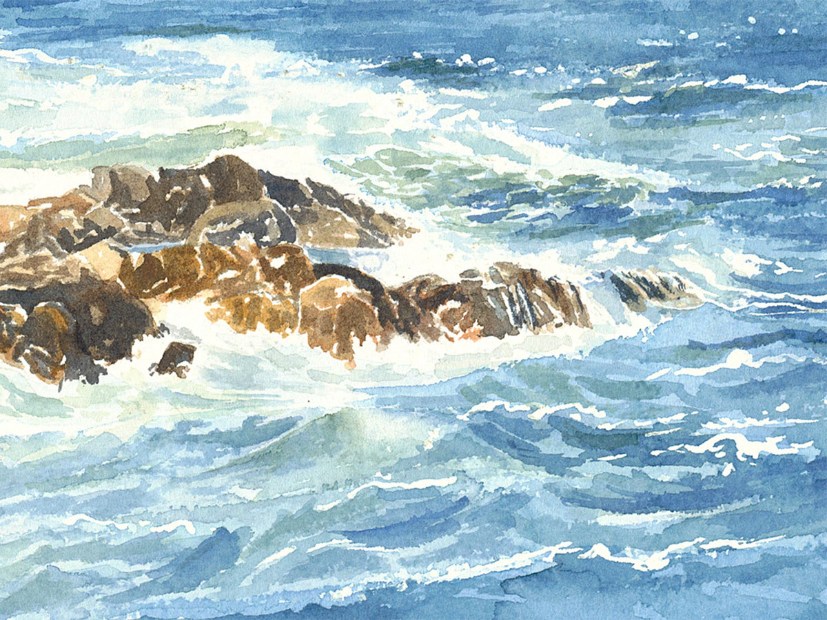 Close-up detail of original watercolor painting of Schooner Head in Acadia, showing brushstrokes depicting the waves crashing against the rocks.