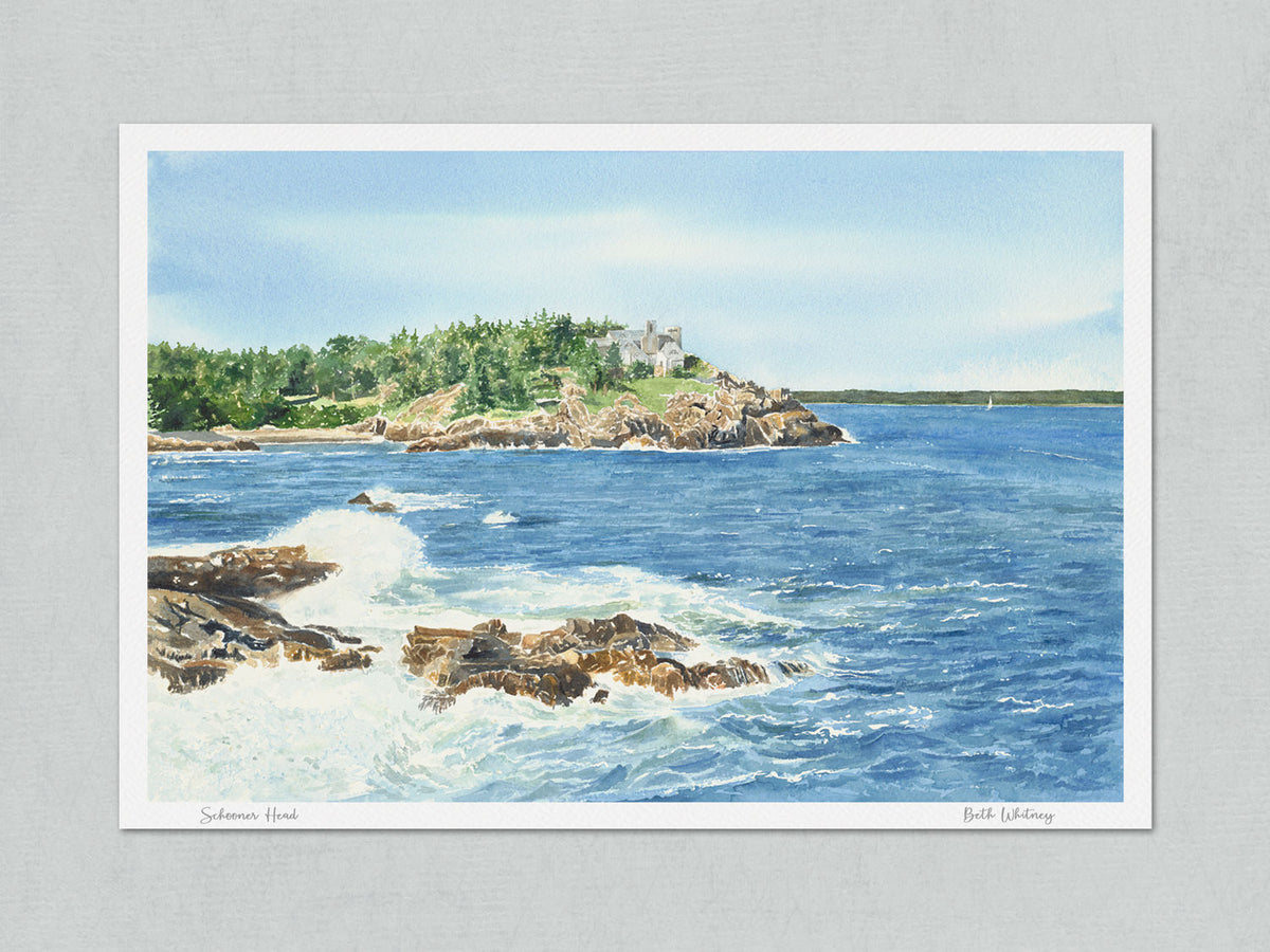 Unmatted archival watercolor print of Schooner Head, Acadia National Park, Maine, signed by the artist with painting title, on gray background.