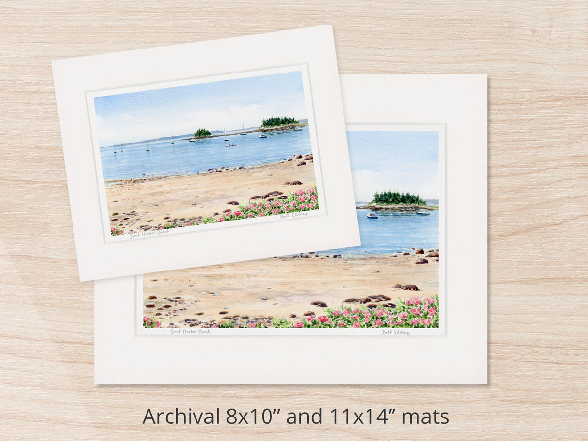 Archival watercolor prints of Seal Harbor Beach, Seal Harbor, Maine, shown in 8x10 and 11x14 mat sizes.