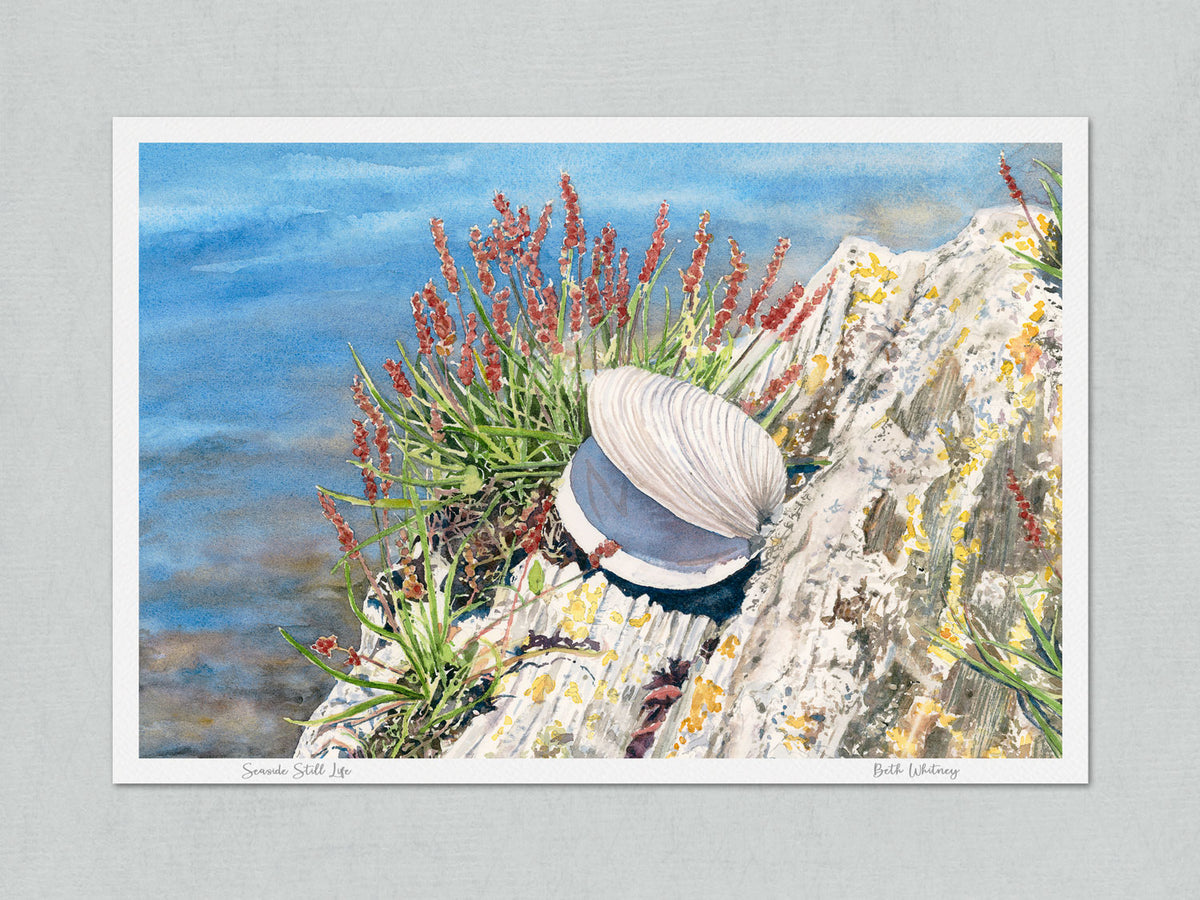 Unmatted archival watercolor print of Seaside Still Life with artist Beth Whitney's signature and painting title, on gray background.