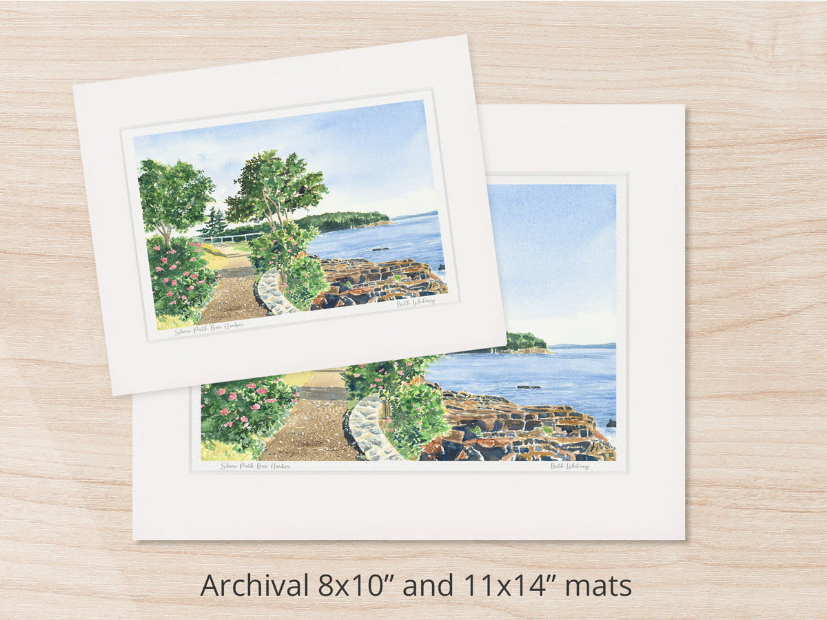 Archival watercolor prints of Shore Path Bar Harbor, Maine, shown in 8x10 and 11x14 mat sizes.