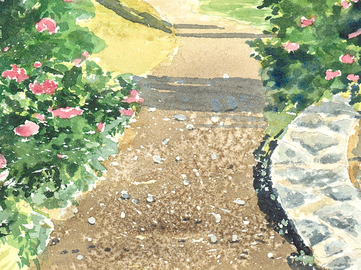 Close-up detail of original watercolor painting of Shore Path Bar Harbor, showing roses and the winding path textures.