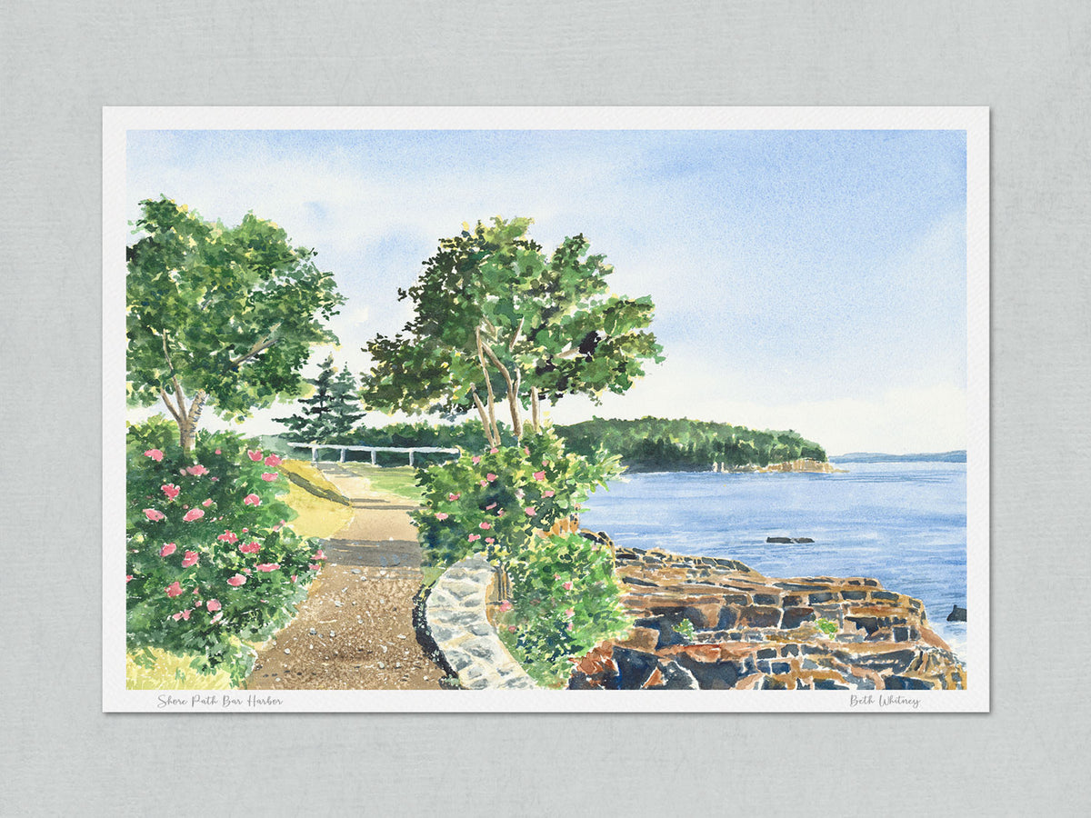 Unmatted archival watercolor print of Shore Path Bar Harbor, Bar Harbor, Maine, hand-signed by the artist with painting title, on gray background.