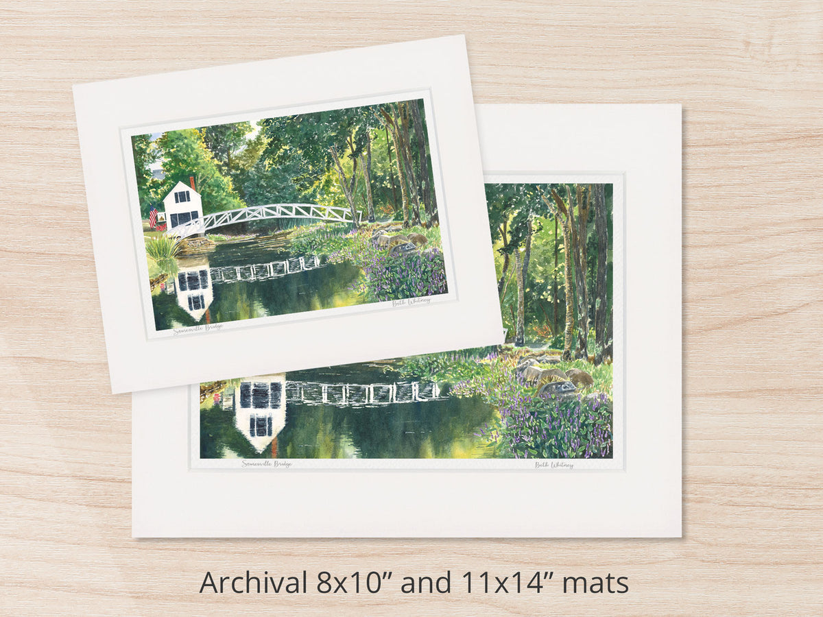 Archival watercolor prints of Somesville Bridge, Somesville, Mount Desert Island, Maine, shown in 8x10 and 11x14 mat sizes.