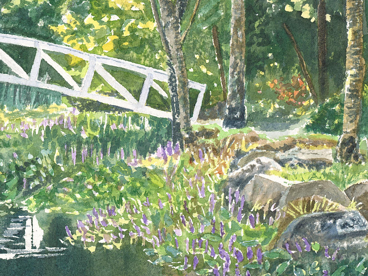 Close-up detail of original watercolor painting of Somesville Bridge, showing brushstrokes on the foliage and bridge.