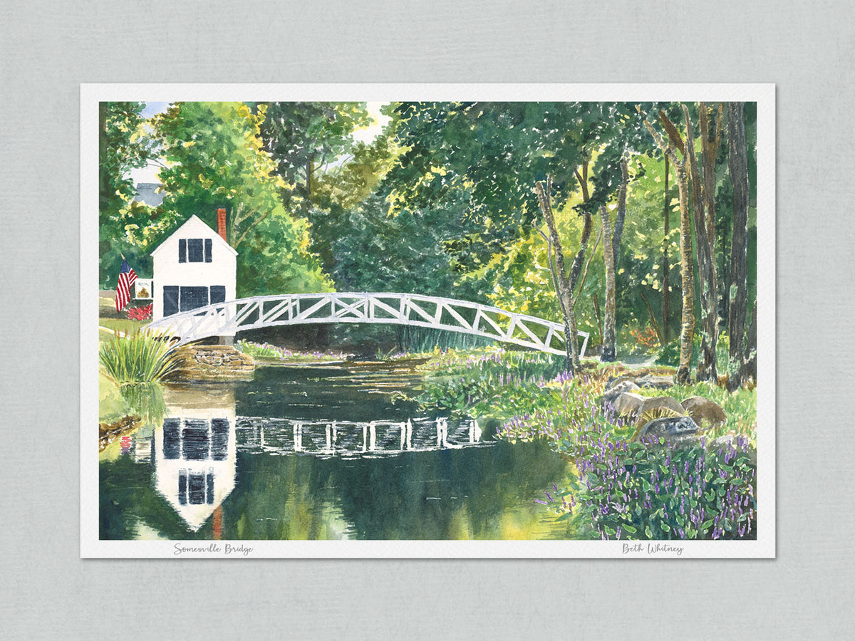 Unmatted archival watercolor print of Somesville Bridge, Somesville, Mount Desert Island, Maine, with artist's signature and painting title, on gray background.