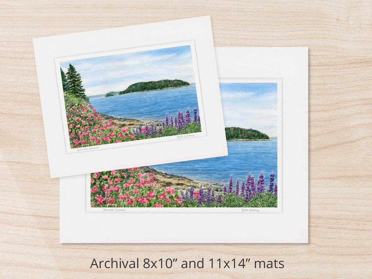 Archival watercolor prints of Sorrento Summer, Sorrento, Maine, shown in 8x10 and 11x14 mat sizes.