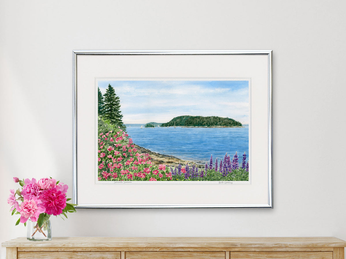 Framed watercolor print of Sorrento Summer, Frenchman's Bay, in a silver frame with pink peonies flower styling.