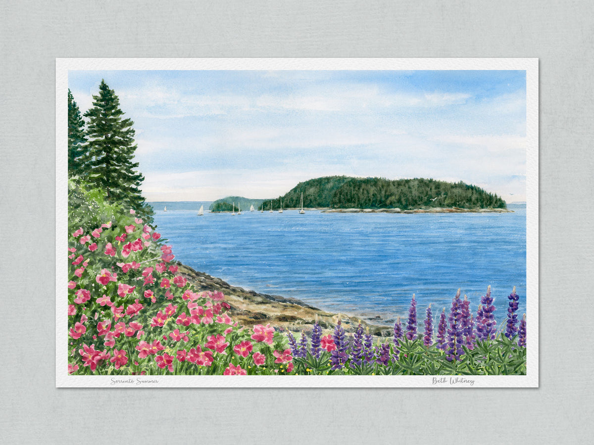 Unmatted archival watercolor print of Sorrento Summer, Frenchman's Bay, Maine, signed by the artist with painting title, on gray background.