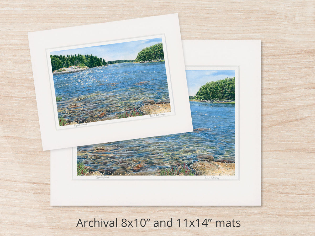 Archival watercolor prints of Spirit Pond, Phippsburg, Maine, shown in 8x10 and 11x14 mat sizes."