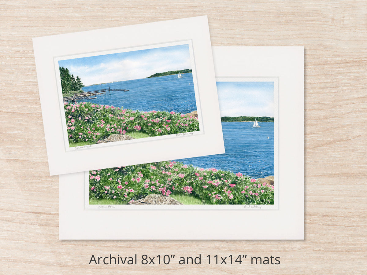 Archival watercolor prints of Spruce Point, Boothbay Harbor, Maine, shown in 8x10 and 11x14 mat sizes.