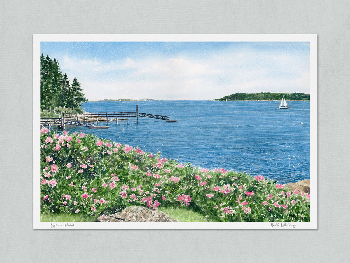 Unmatted archival watercolor print of Spruce Point, Boothbay Harbor, Maine, with painting title and artist's signature, on gray background."