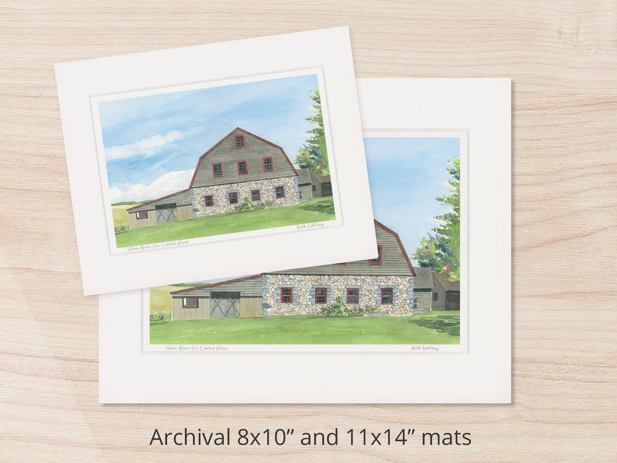 Archival watercolor prints of Stone Barn on Crooked Road, Salsbury Cove, Bar Harbor, Maine, shown in 8x10 and 11x14 mat sizes.