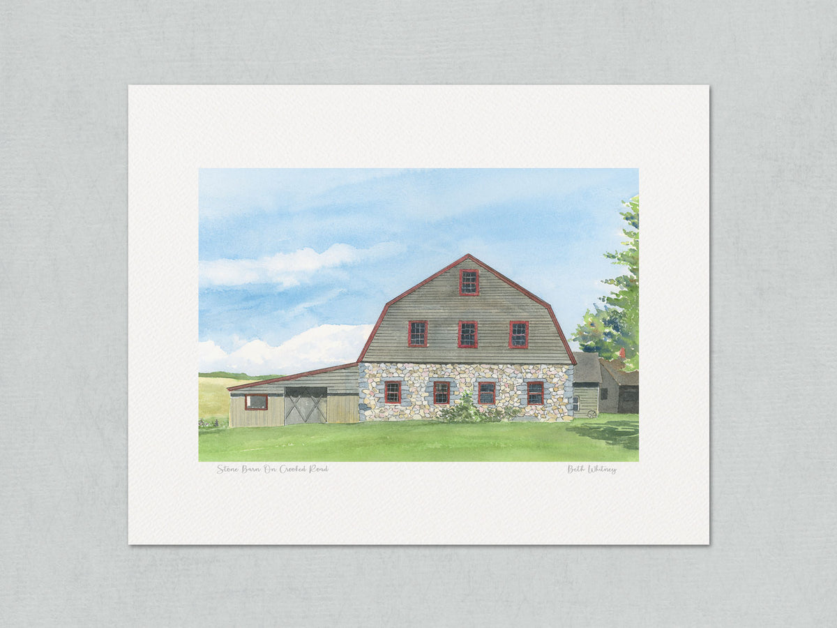Unmatted archival watercolor print of Stone Barn on Crooked Road, Salsbury Cove, Bar Harbor, Maine, with painting title and artist's signature, on gray background.