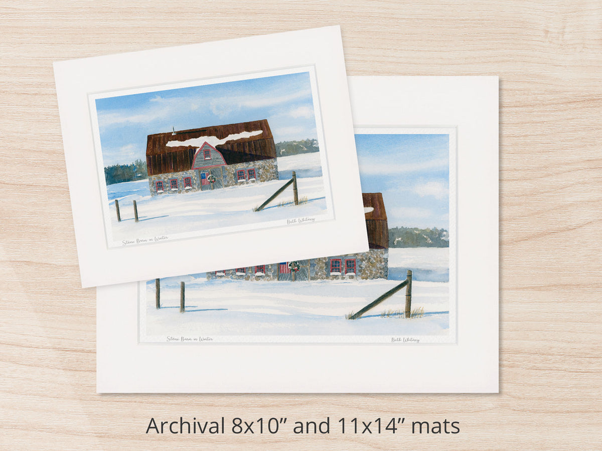 Archival watercolor prints of Stone Barn in Winter, Salsbury Cove, Bar Harbor, Maine, shown in 8x10 and 11x14 mat sizes.