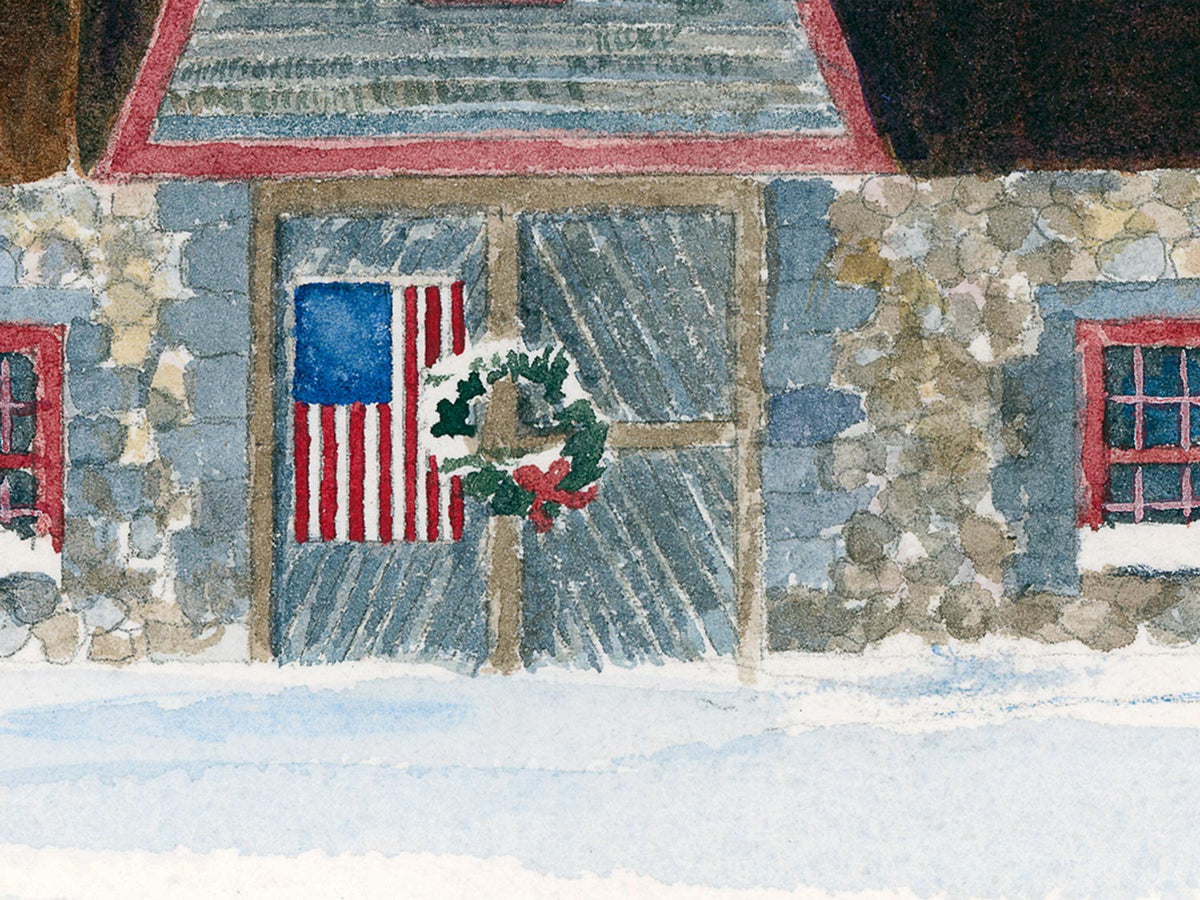 Close-up detail of original watercolor painting of Stone Barn in Winter, showing the paintbrush strokes on the stone barn facade and holiday wreath on the door.