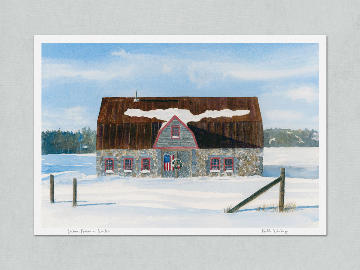 Unmatted archival watercolor print of Stone Barn in Winter, Salsbury Cove, Bar Harbor, Maine, on gray background.