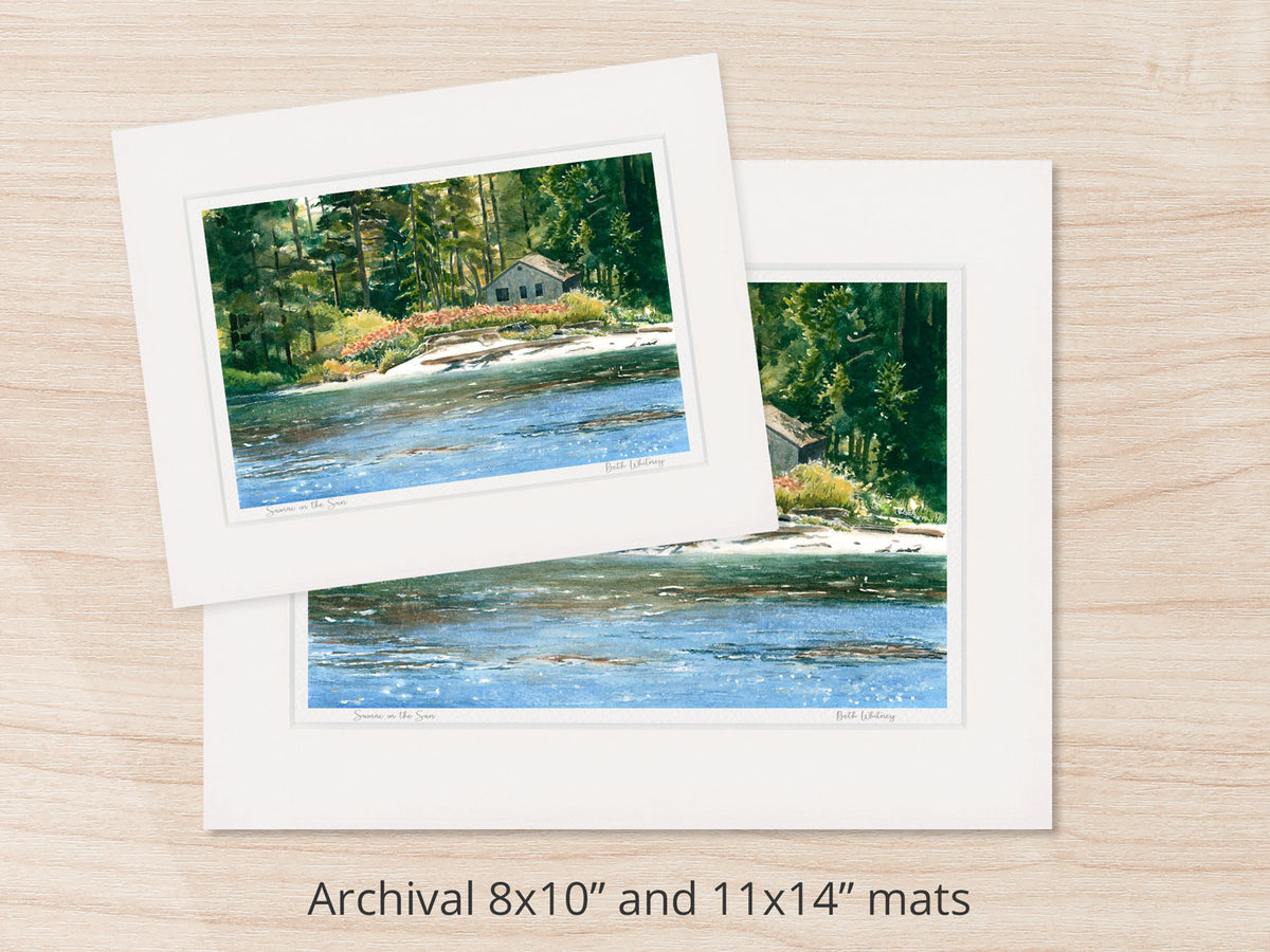 Archival watercolor prints of Sumac in the Sun, Southport Island, Boothbay Harbor, Maine, shown in 8x10 and 11x14 mat sizes.