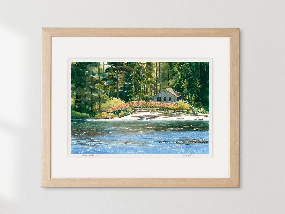 Framed watercolor print of Sumac in the Sun, Southport Island, Maine, in a warm wood frame on a sunny wall.