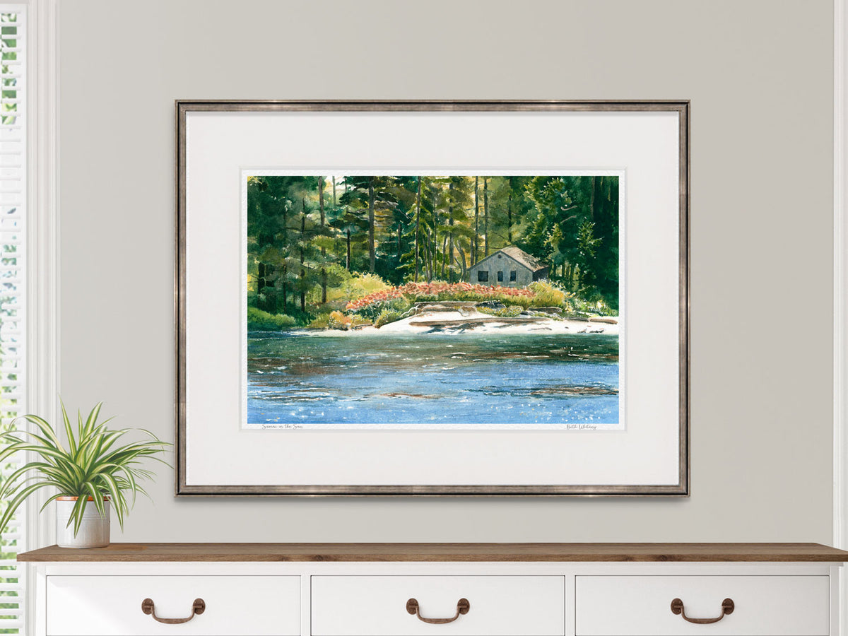 Framed watercolor print of Sumac in the Sun, Southport Island, Maine, in a black frame on a dresser in a coastal home decor setting.