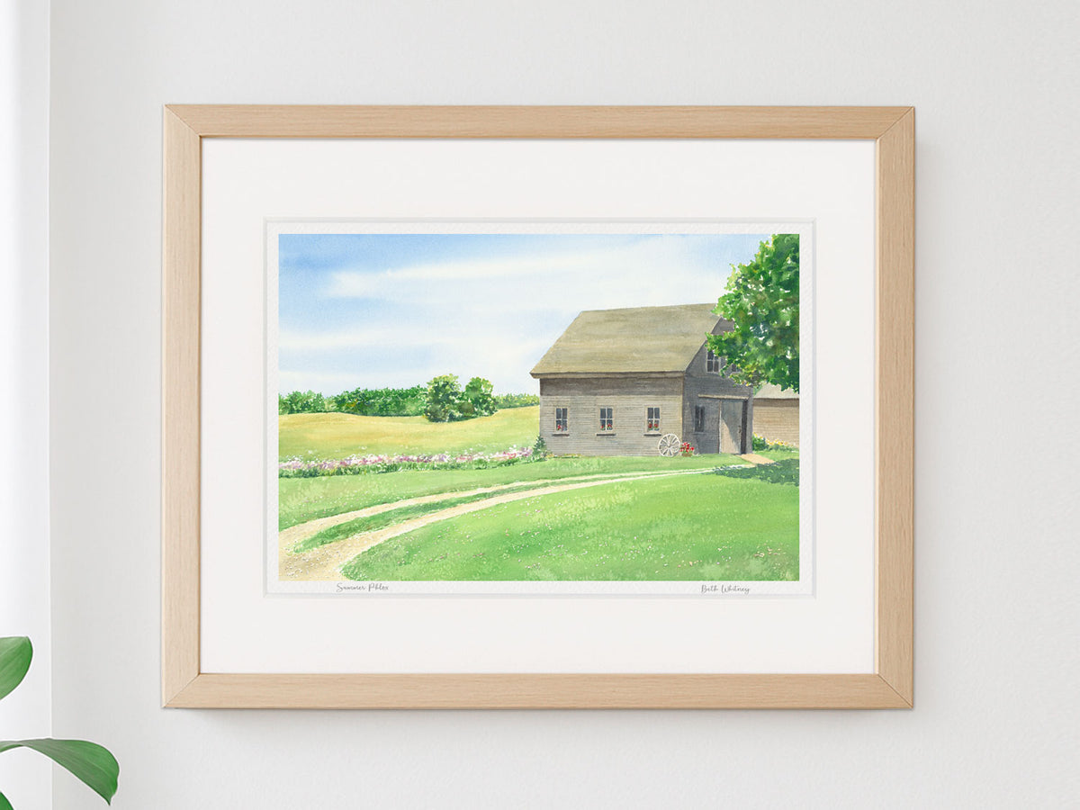 Framed watercolor print of Summer Phlox, Stone Barn Farm, Bar Harbor, Maine, in a simple wood frame on a neutral wall.