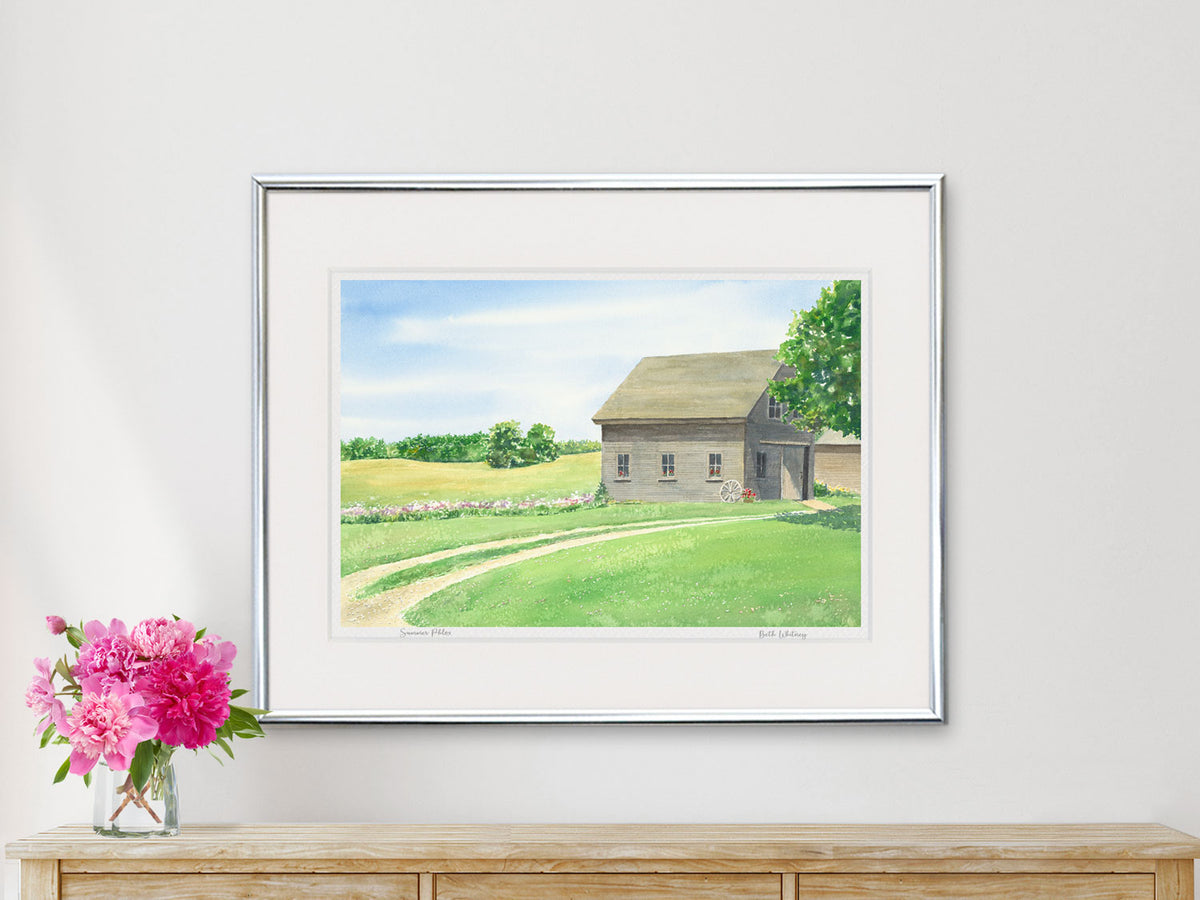 Framed watercolor print of Summer Phlox, Stone Barn Farm, Bar Harbor, in a silver frame with a vase of pink peonies on a rustic table.
