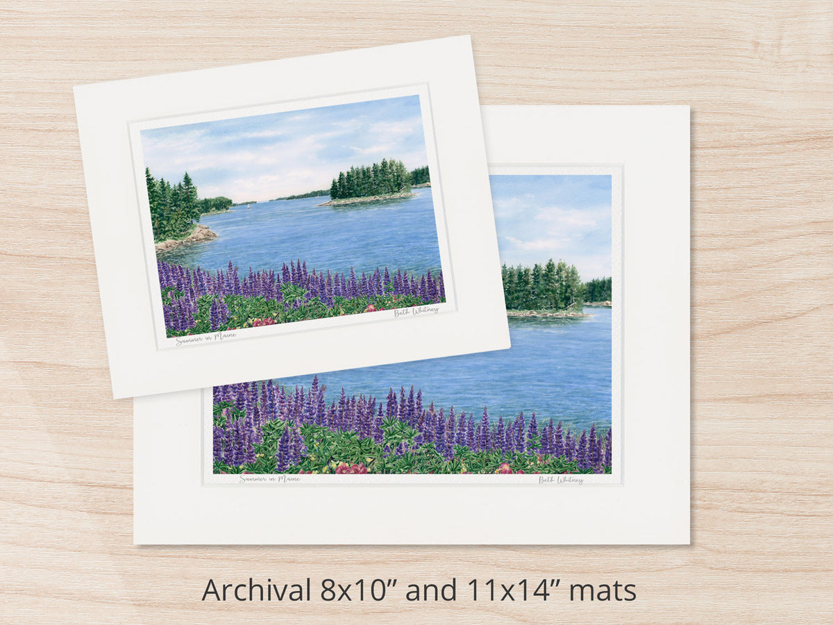 Archival watercolor prints of Summer in Maine, Deer Isle, Maine, shown in 8x10 and 11x14 mat sizes.