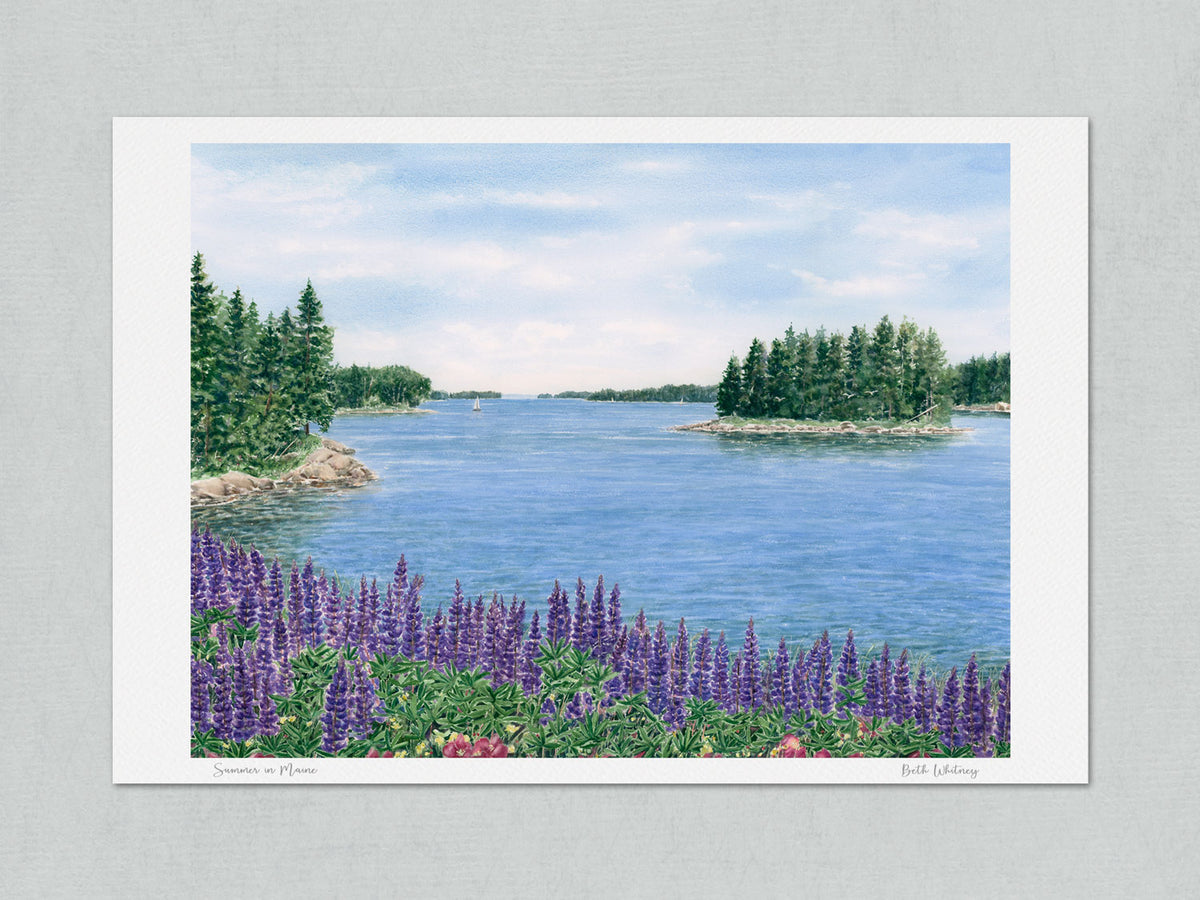 Unmatted archival watercolor print of Summer in Maine, Deer Isle, Maine, with artist Beth Whitney's signature and painting title, on gray background.