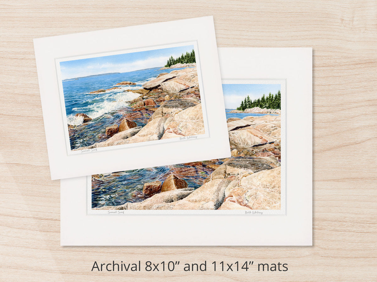 Archival watercolor prints of Sunset Surf, Barred Island Preserve, Deer Isle, Maine, shown in 8x10 and 11x14 mat sizes.