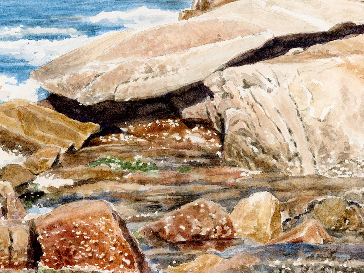 Close-up detail of original watercolor painting of Sunset Surf, showing sun-warmed granite rocks and transparent swirling water.