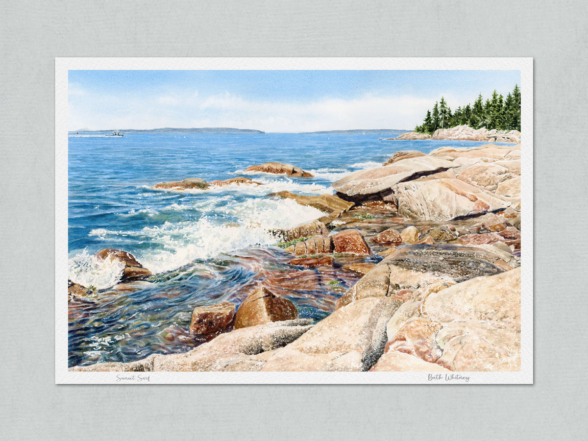 Unmatted archival watercolor print of Sunset Surf, Barred Island Preserve, Deer Isle, Maine, on gray background.