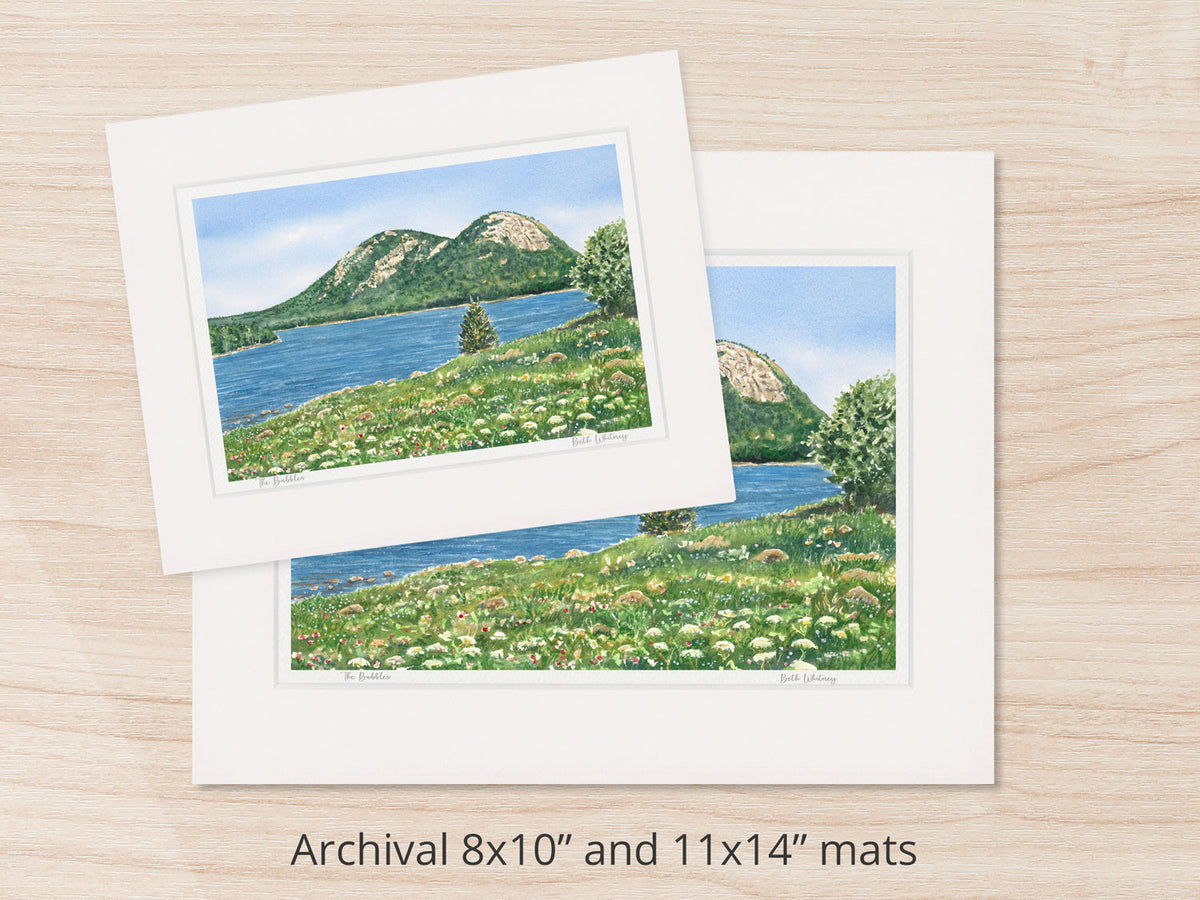 Archival watercolor prints of The Bubbles, Jordan Pond, Acadia National Park, Maine, shown in 8x10 and 11x14 mat sizes.