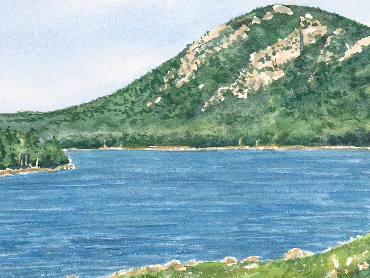 Close-up detail of original watercolor painting of North Bubble mountain and Jordan Pond showing brushwork.