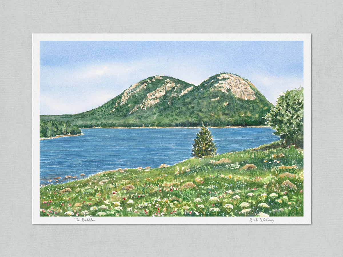 Unmatted archival watercolor print of The Bubbles, Jordan Pond, Acadia National Park, Maine, on gray background.