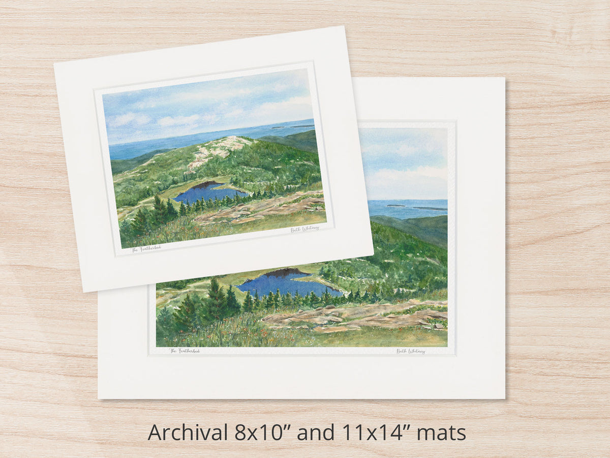 Archival watercolor prints of The Featherbed, Cadillac Mountain, Acadia National Park, shown in 8x10 and 11x14 mat sizes.