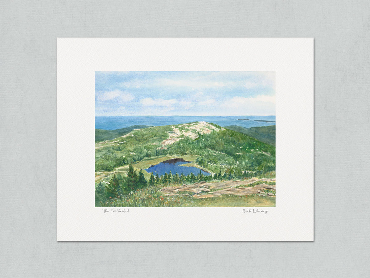 Unmatted archival watercolor print of The Featherbed glacial pond, Cadillac Mountain, Acadia National Park, on gray background.