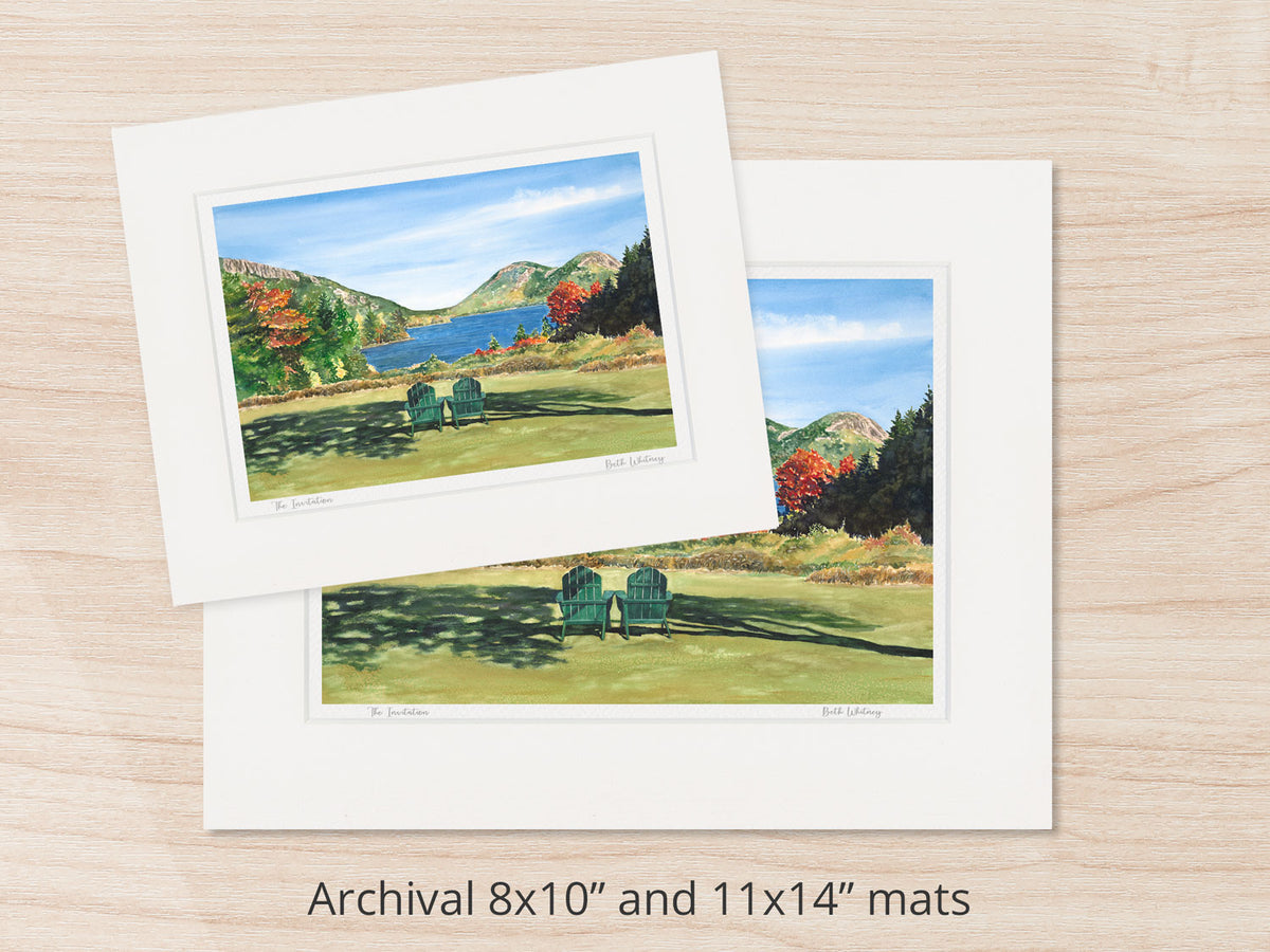 Archival watercolor prints of The Invitation, Jordan Pond, Acadia National Park, shown in 8x10 and 11x14 mat sizes.