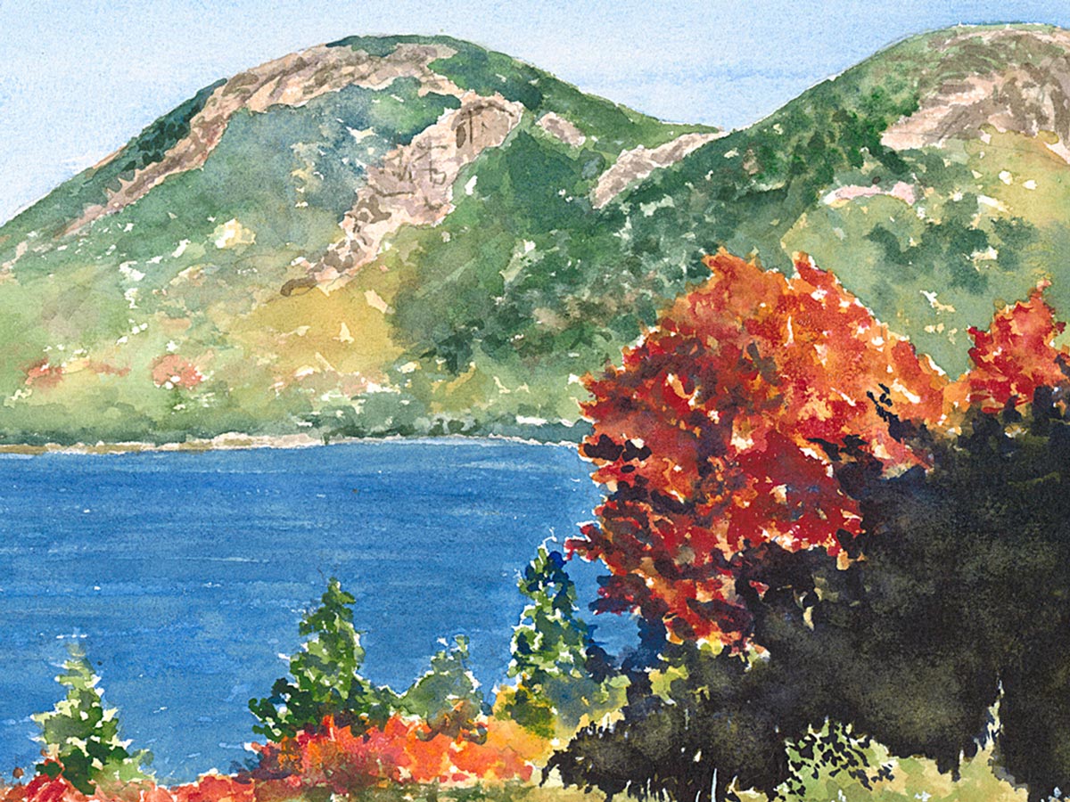 Close-up detail of original watercolor painting of The Invitation, showing vibrant foliage and The Bubbles 