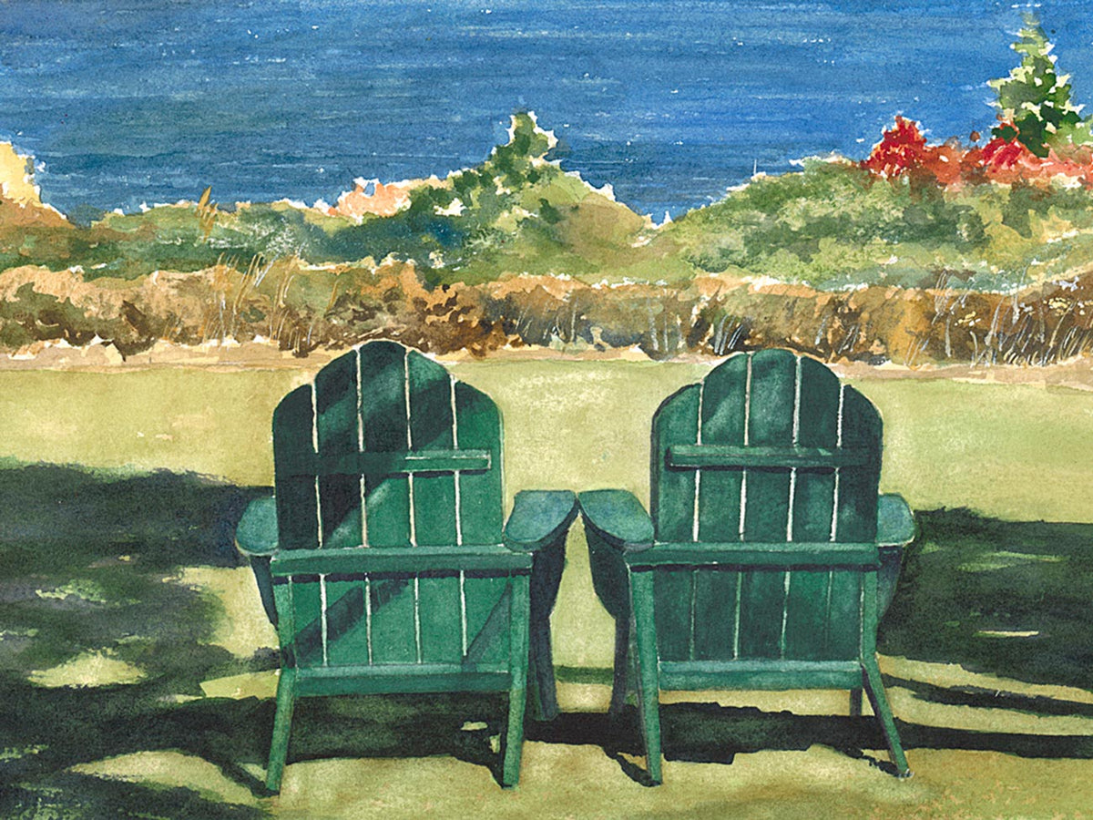 Close-up detail of original watercolor painting of The Invitation, showing the two green Adirondack chairs